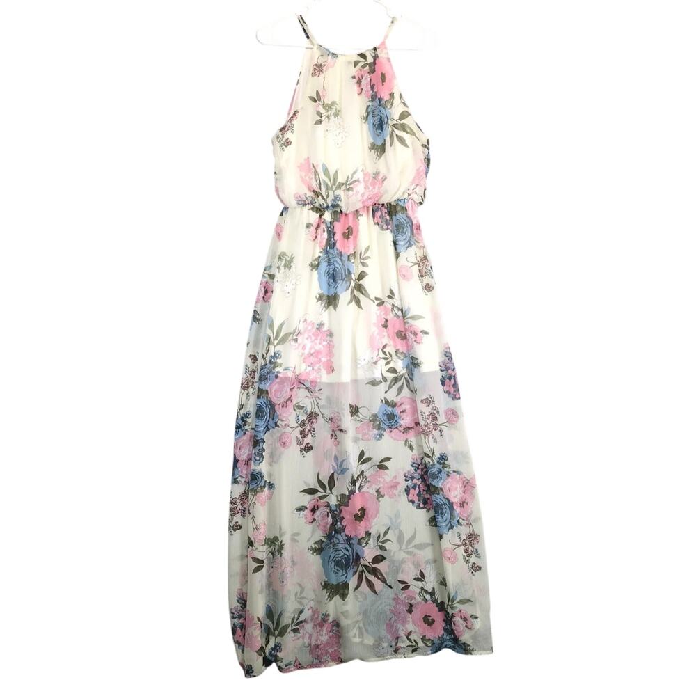 Papaya Floral Halter Maxi Dress Sz M Blouson Sheer Cream w/ Pink & Blue, Lined